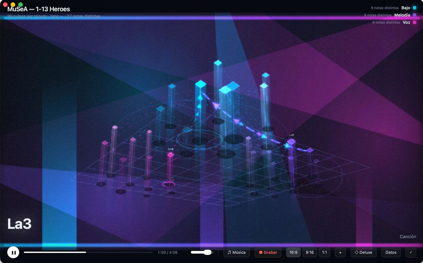 MuSeA en la escena Neón Club: la ciudad en azul y magenta, con las notas subiendo por los edificios